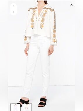 SANDRO Boho White Blouse with Gold Floral Embroidery
